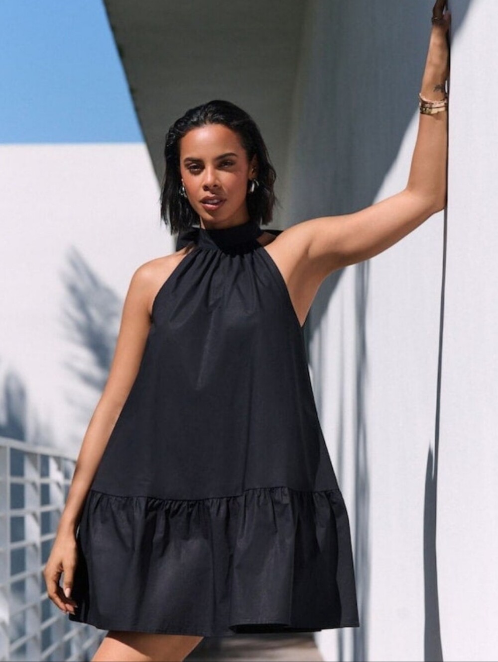 Staud Marlowe Halter Mini Dress In Black Cotton Poplin